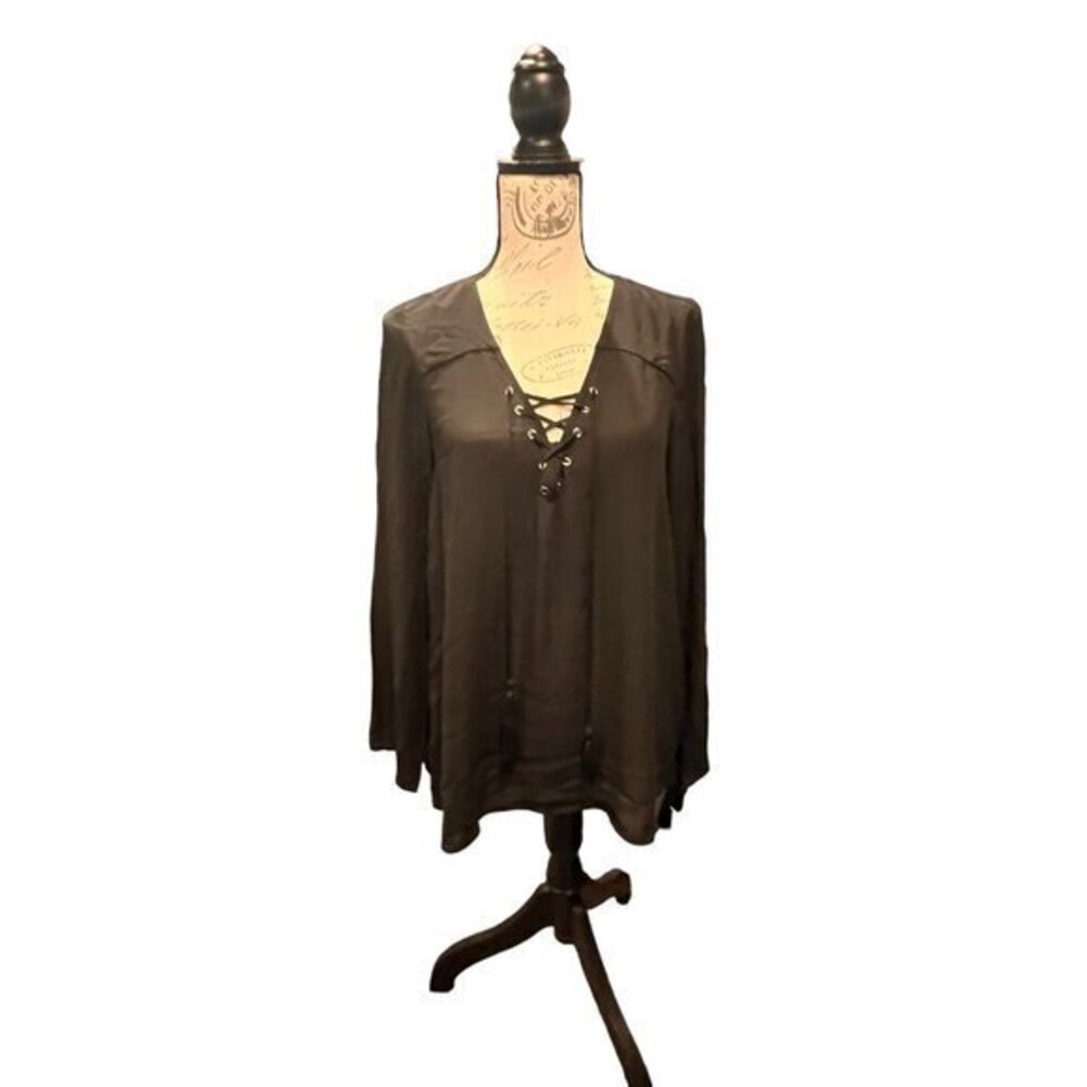 NWT Zac & Rachel Black Long Sleeve Blouse Size Small Lace Up Neckline Sheer Flow